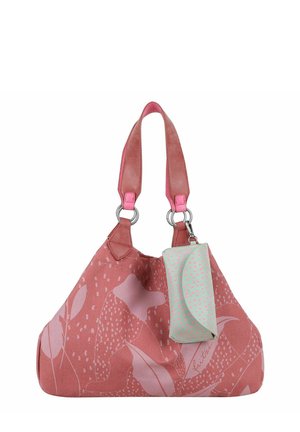 Borsa a mano in tessuto rosa con motivo botanico, due manici rosa, accessori in argento e una pochette staccabile verde menta con pois rosa.