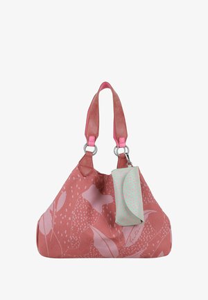 Rosa Stoff-Handtasche mit botanischem Muster, zwei rosa Trägern, silbernem Zubehör und einem abnehmbaren mintgrünen Täschchen mit rosa Punkten.