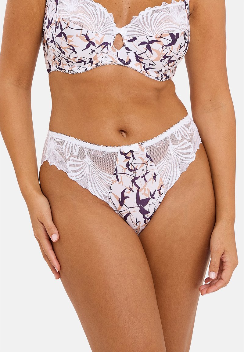 Culotte en dentelle et tissu imprimé avec un design floral en rose, violet et blanc. Présente une taille en dentelle en forme de vagues et un détail en forme de trou de serrure à l'avant.