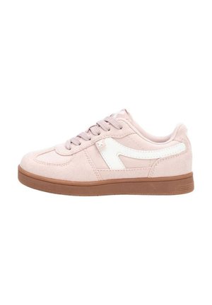 Lyserøde ruskinds sneakers med et hvidt sideemblem og let brune gummisåler. Har rund tå og snørelukning. Glat overflade.