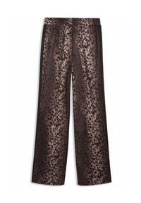Καφέ και μαύροι παντελόνες με φαρδιά μπατζάκια και ελαστική μέση, με σχέδιο λεοπάρ και μαύρες μονόχρωμες πλαϊνές πιέτες.