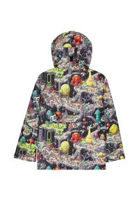 Børns hættejakke med farverigt, fantasifuldt print af rummet og alienlandskab, der viser planeter, trapper og tegneseriefigurer.