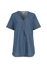 Blaue, kurzärmlige Denim-Tunika mit V-Ausschnitt und gesteppten Details entlang des Ausschnitts und der vorderen Mittelfalte.