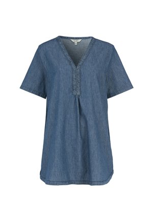 Blauwe denim tuniek met korte mouwen, V-hals en gestikte details langs de halslijn en de voorste plooi.