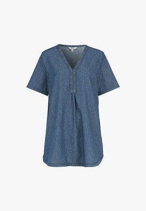 Blauwe denim tuniek met korte mouwen, V-hals en gestikte details langs de halslijn en de voorste plooi.