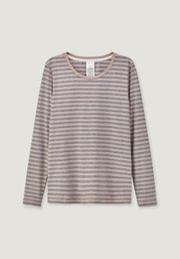 Long-sleeve shirt with a round neck, featuring alternating light pink and gray horizontal stripes on a soft fabric.