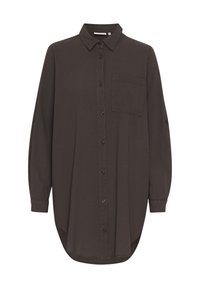 Chemise à manches longues gris foncé avec un col bouton, une poche avant et une hem courbe. Fabriqué dans un tissu léger.
