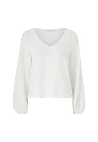 Blusa bianca in tessuto testurizzato, con scollatura a V, maniche lunghe e taglio corto con un motivo ad occhiello in tutto il capo.