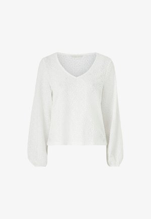 Bílá blůza z texturované látky, s výstřihem do V, dlouhými rukávy a zkráceným střihem s očkovým vzorem po celé ploše.