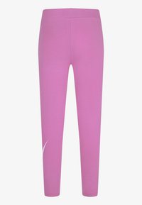 Rózsaszín leggings elasztikus anyagból, sima tapintással és ívelt fehér mintával a bal alsó lábon.