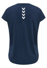 Marinblå tränings-T-shirt med kort ärm, slät yta och reflekterande chevron-design i vitt på baksidan för ökad synlighet.