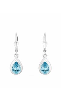 Pendientes de gota de plata con una piedra de aguamarina en forma de pera, que presentan un diseño elegante y un acabado pulido. Cierre minimalista de palanca.