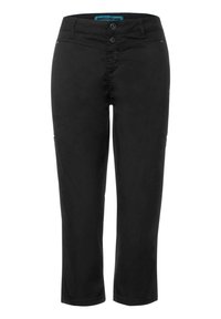 Černé zkrácené kalhoty s hladkou texturou, vybavené dvěma předními knoflíky, poutky na opasek a postranními kapsami. Klasický design vhodný pro příležitostné nošení.