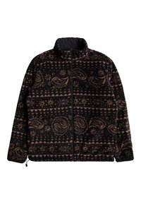 Fleece jack met een zwarte basis en paisley- en geometrische patronen in bruin en roze. Hoge kraag en ritssluiting met een verstelbare zoom.