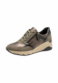 Lace-up sneaker in olive green and metallic bronze, featuring suede and patent accents, a zip detail, and a chunky beige sole.