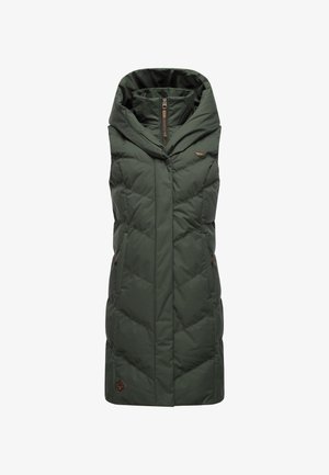 Green padded sleeveless vest with a high collar, featuring a front zip, two side pockets, and a small logo on the left side.