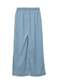Jasnoniebieskie spodnie o szerokich nogawkach z elastycznym pasem i gładkiego, lekkiego materiału. Posiadają długość 7/8 i wykończenie bez obszycia.