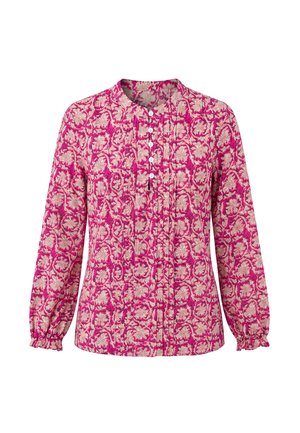 Roze blouse met lange mouwen met een beige bloemenpatroon, geplooide manchetten, geplooide voorkant en vijf witte knopen op een opstaande kraag.