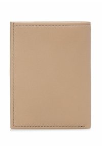Beżowy skórzany portfel o gładkiej fakturze, prostokątnym kształcie i widocznym przeszyciu wzdłuż krawędzi. Bez dodatkowych akcentów ani wzorów.