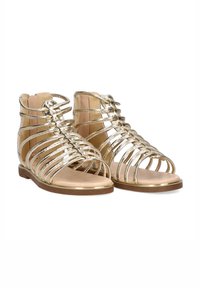 Sandalias planas doradas metálicas con tiras, que presentan un diseño enjaulado, punta abierta y suela plana. Textura suave con un ligero brillo y acentos mínimos.