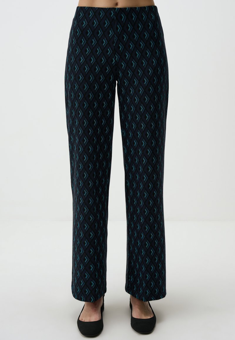 Zwarte broek met een geometrisch ontwerp in teal, met een rechte pijp en een gladde textuur. De tailleband is plat.