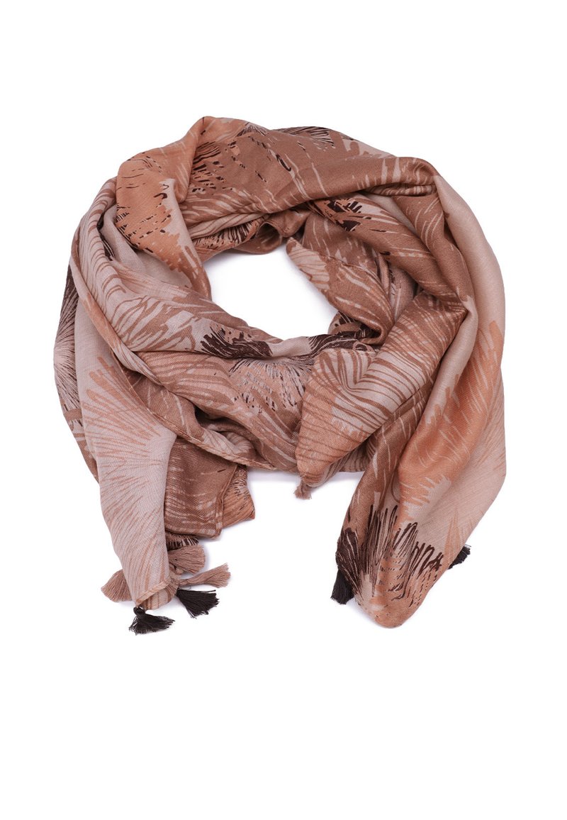 Foulard marrone con motivo, realizzato in un morbido tessuto, che mostra disegni astratti di foglie di palma in marrone chiaro e scuro, dotato di dettagli con frange.