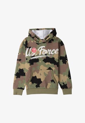 Camouflage hoodie in greens, browns, and blacks, with a front pocket, drawstring hood, and bold "U.S. Force" text in white.