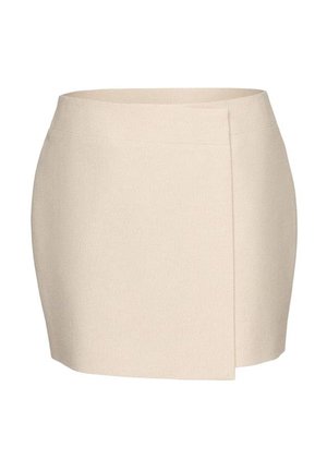 Béžová mini sukňa s vysokým pásom, s prekladaným predným dielom a hladkou, štruktúrovanou látkou.