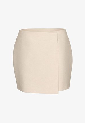 Bézs magas derekú miniszoknya, átfedős fazonú elülső panellel és sima, texturált anyagból.