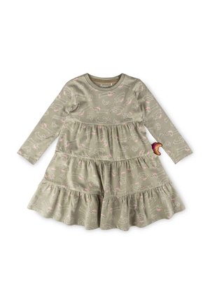 Langärmliges olivgrünes Kleinkindkleid mit gestuftem Rock und hellrosa-weißem Tier- und Croissantmuster.