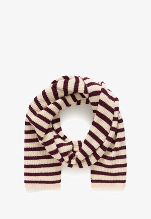 Strickschal mit abwechselnden rotweinfarbenen und cremfarbenen Streifen, ribbeliger Textur und flachen Enden, angeordnet in einem kreisförmigen Schlauch.