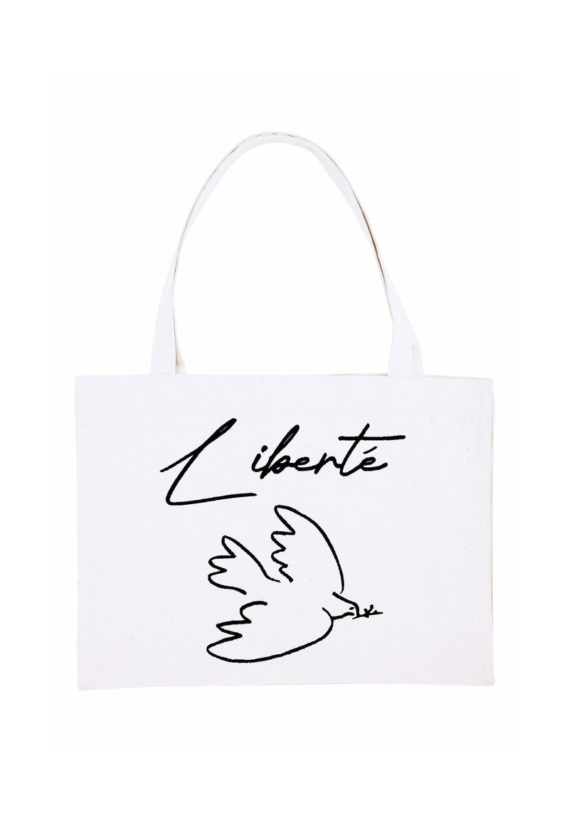Borsa tote in canvas bianca con una linea nera che rappresenta una colomba e la parola "Liberté" in un font artistico. Design piatto, senza ulteriori decorazioni.