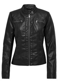 Chaqueta de cuero ajustada negra con cremallera frontal, cuello alzado con botón a presión y dos bolsillos en el pecho con cremallera horizontal.