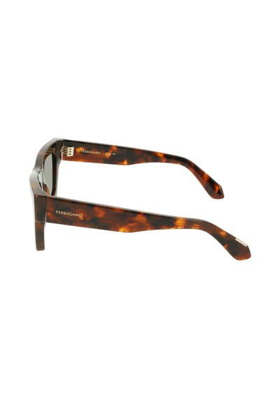 Rechthoekige brillenframes met schildpadmotief en Ferragamo-merk op de pootjes, getoond vanuit een zijaanzicht.