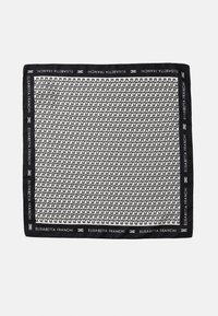 Black and white square silk scarf featuring a repeating geometric pattern and a solid black border with "Elisabetta Franchi" branding.