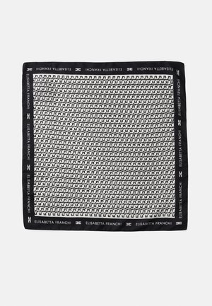 Black and white square silk scarf featuring a repeating geometric pattern and a solid black border with "Elisabetta Franchi" branding.