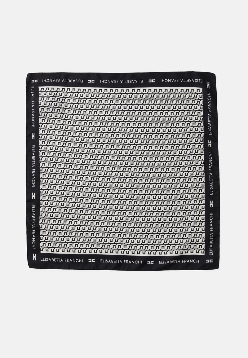 Black and white square silk scarf featuring a repeating geometric pattern and a solid black border with "Elisabetta Franchi" branding.