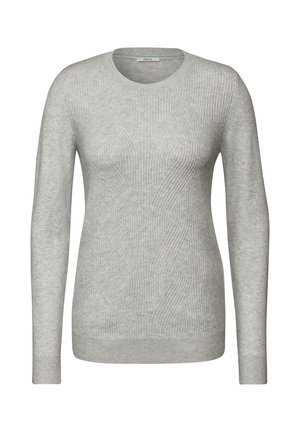 Pull à manches longues gris clair avec une texture côtelée et un col rond. Un design simple sans motifs ni accents visibles.