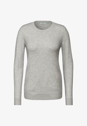 Světle šedý svetr s dlouhým rukávem, s žebrovanou strukturou a kulatým výstřihem. Jednoduchý design bez viditelných vzorů nebo akcentů.