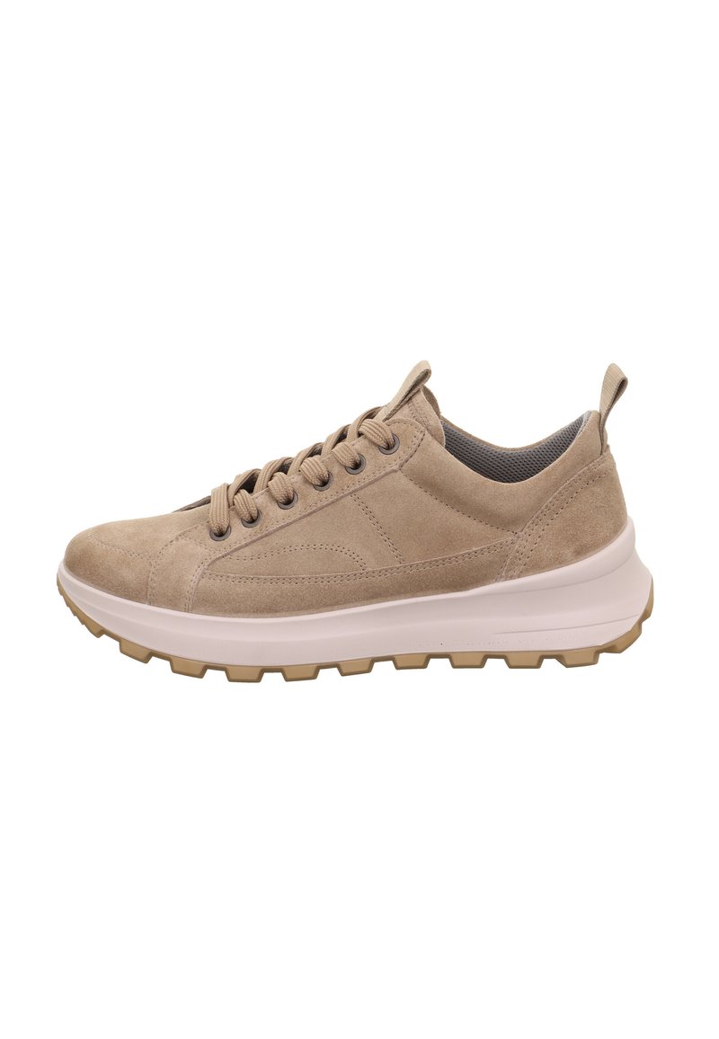 Beige Wildledersneaker mit einer gepolsterten weißen Zwischensohle und Gummilaufsohle. Merkmale sind runde Schnürsenkel, eine Schlaufe an der Ferse und strukturierte Einsätze.