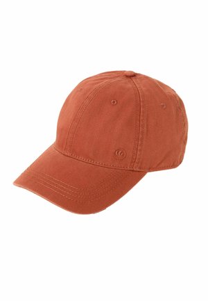 Orangefarbene Baumwoll-Baseballkappe mit gebogenem Schirm, gesteppter Verzierung und einem seitlich gestickten Logo. Texturiertes Gewebe mit klassischem Design.