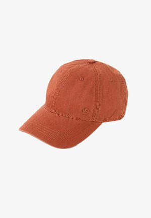 Oranžinė medvilninė beisbolo kepuraitė su lenktu kraštu, siuvinėtais akcentais ir išsiuvinėta logotipu šone. Tekstūruota medžiaga su klasikiniu dizainu.