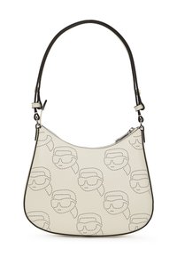 Borsa hobo in pelle beige con una texture liscia, caratterizzata da un motivo di occhiali da sole rotondi punteggiati in tutto. Rifiniture nere e tracolla regolabile.