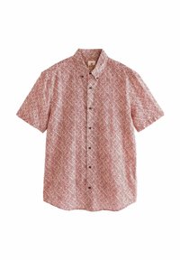 Chemise à manches courtes en tissu avec un motif géométrique rouge et blanc, boutonnée sur le devant, avec un col et une coupe décontractée.