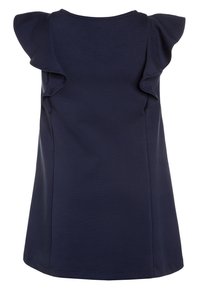 Granatowa bluzka z krótkimi falbaniastymi rękawami. Miękka tkanina, okrągły dekolt i luźny krój. Bezszwowa konstrukcja bez widocznych zapięć.