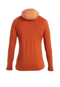 Top a maniche lunghe con cappuccio in tessuto arancione, caratterizzato da un retro senza cuciture e strisce bianche ai lati. Texture liscia, vestibilità casual e design minimale.