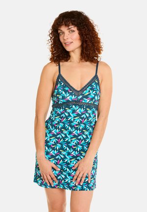 Nuit sans manches en teal avec un motif de feuilles dans des nuances de bleu, rose et vert. Présente des détails en dentelle au niveau de l'encolure et de la taille.