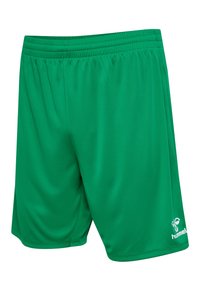 Groene sportshorts met elastische tailleband en wit Hummel-logo op het onderste rechterbeen, gemaakt van lichte stof.