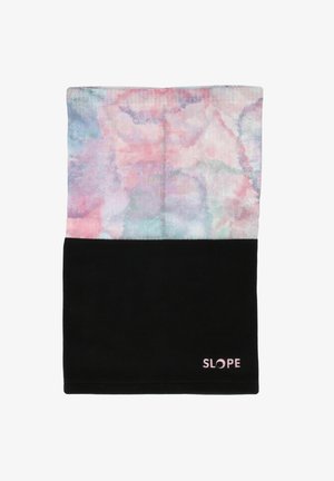 Monivärinen fleece-kaulahuivi, jossa on pastellin sävyinen abstrakti muotoilu ylhäällä ja yhtenäinen musta alaosa. Mukana vaaleanpunainen "SLOPE" -logo.