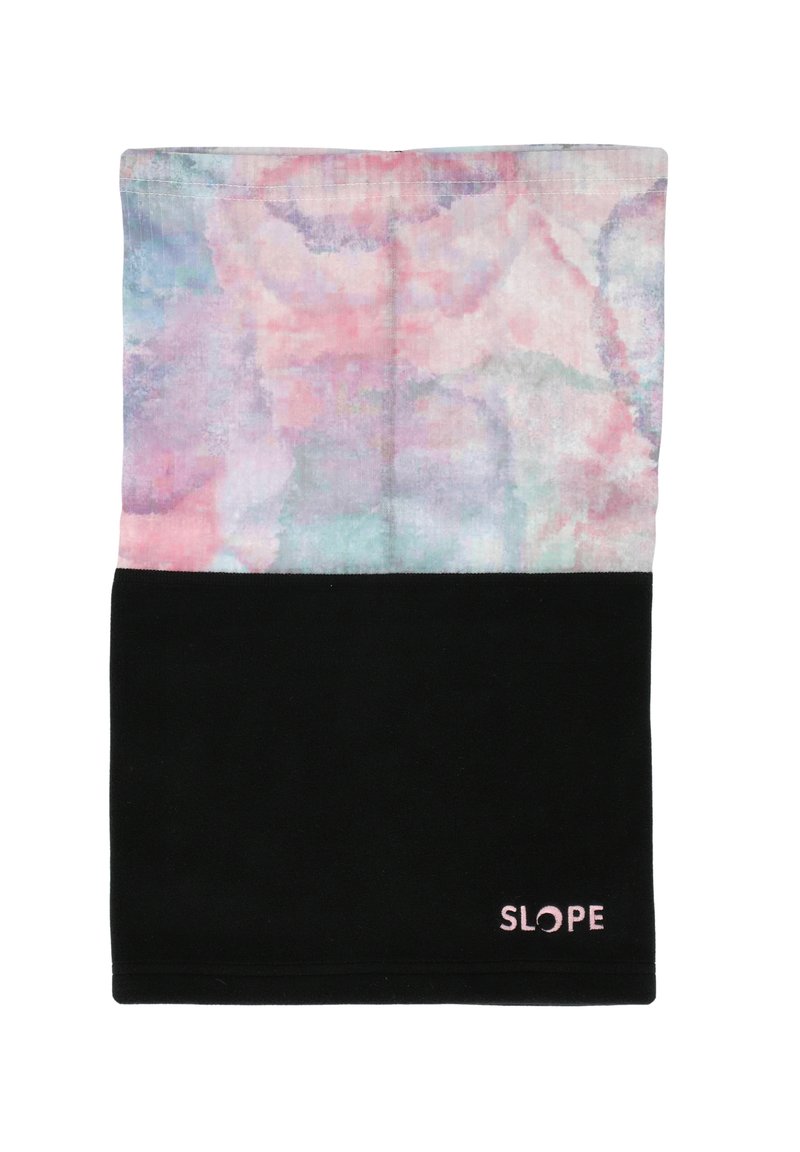 Monivärinen fleece-kaulahuivi, jossa on pastellin sävyinen abstrakti muotoilu ylhäällä ja yhtenäinen musta alaosa. Mukana vaaleanpunainen "SLOPE" -logo.